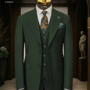 Costume trois pièces vert foncé : coupe ajustée tendance formelle