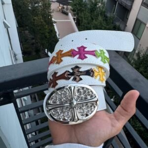 Ceintures en cuir blanc à motifs croisés colorés avec boucles décoratives rockabilly
